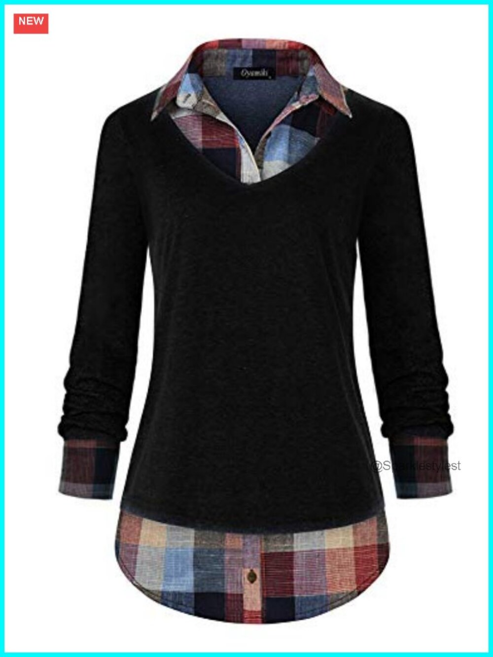 Women's 2 in 1 Collared Curved Hem Plaid Contrast Blouse Tunic Top